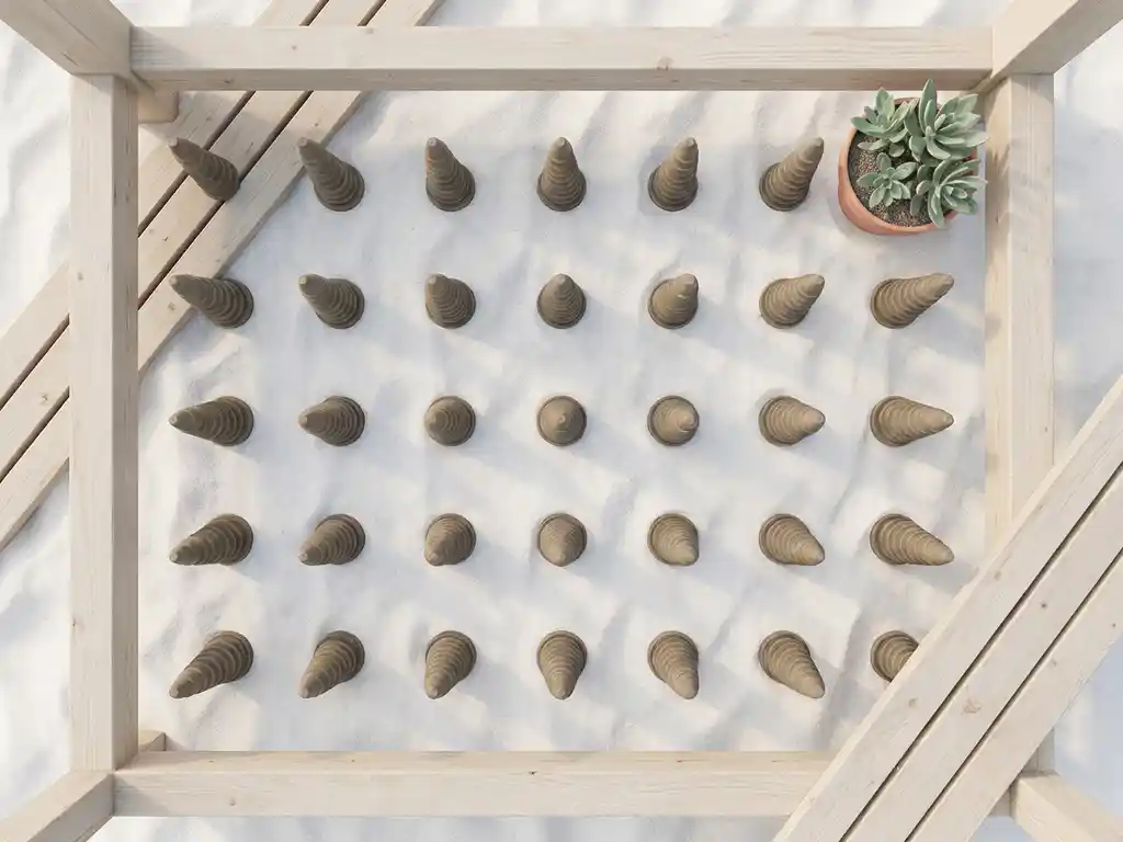 biogebaseerde-schroefpalen-duurzame-fundering-constructie.jpg Biobased schroefpalen in geometrische formatie op wit zand met houten bouwelementen en groene plant in aardse tinten