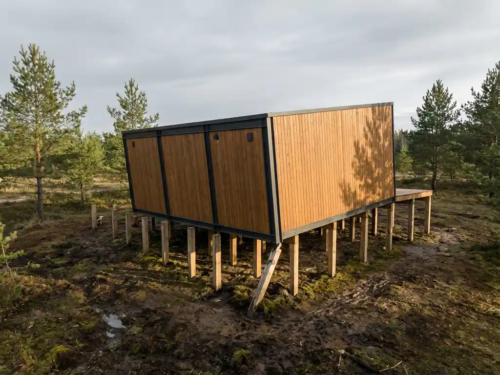 huisfundering-problemen-verzakking-houten-palen.jpg Moderne recreatiehut kantelt op instabiele houten funderingspalen met één hoek zinkend in zachte grond