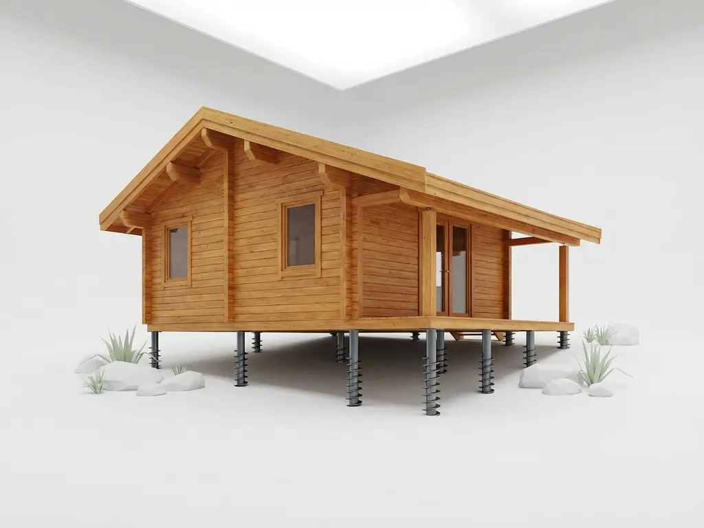 Moderne houten chalet op spiraalvormige stalen schroeffunderingen tegen witte achtergrond, warme houtkleur contrasteert met koele stalen onderbouw