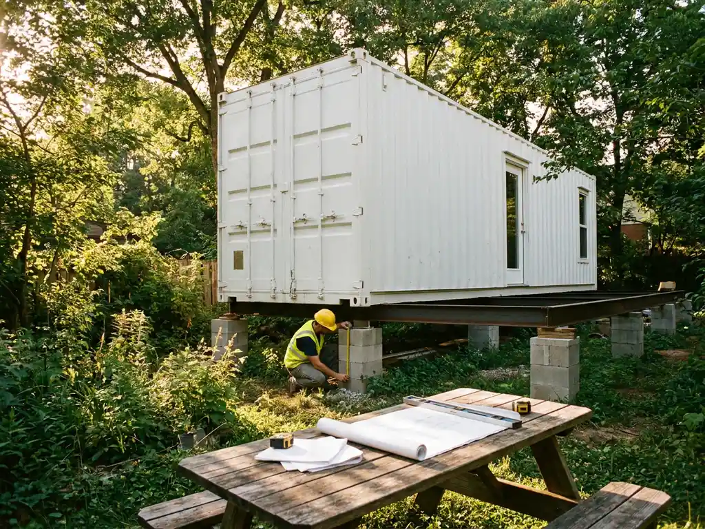 Bouwvakker in veiligheidsvest inspecteert fundering onder witte containerhuiswoning in weelderige achtertuin