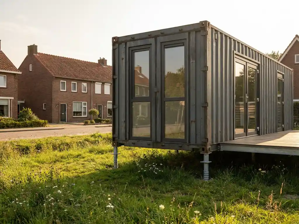 containerwoningen-stalen-schroefpalen-fundatie-nederland.jpg Containerwoningen met grote ramen op grasveldje in Nederlandse buurt met traditionele bakstenen huizen op achtergrond