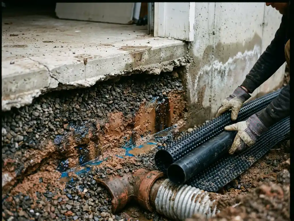 Doorsnede van betonnen fundering met waterschade, drainagebuizen en werker die moderne drainage installeert