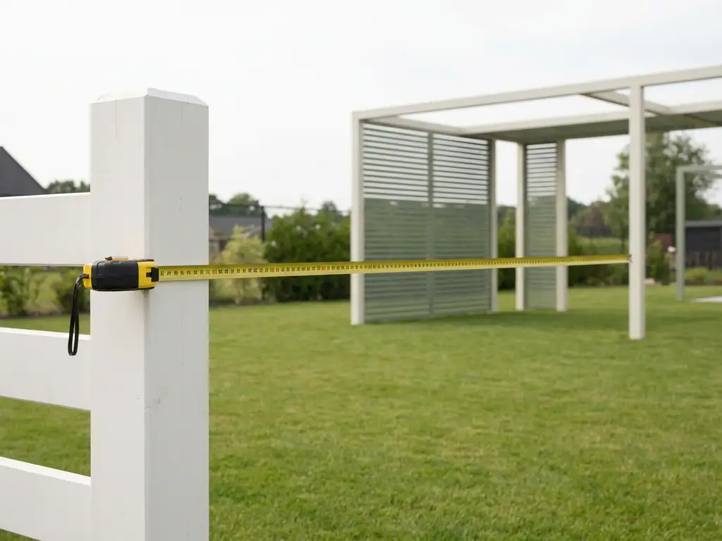 Witte hekpaal met meetlint uitgestrekt naar moderne pergola in nette achtertuin met groen gazon