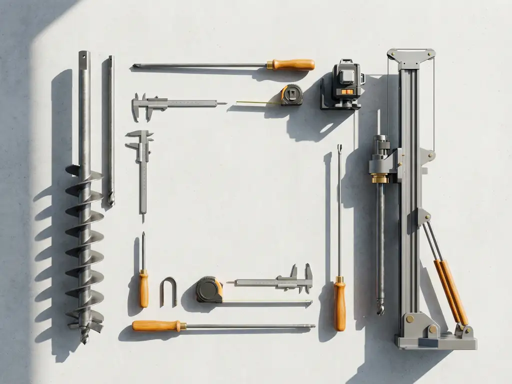 Precisie funderingsgereedschap geometrisch gerangschikt op betonnen oppervlak met schroefboor, meetinstrumenten en boormachine