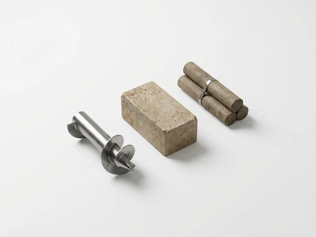 Drie verschillende funderingsmodellen op witte ondergrond: metalen schroeffundering, betonblok en houten paalfundering