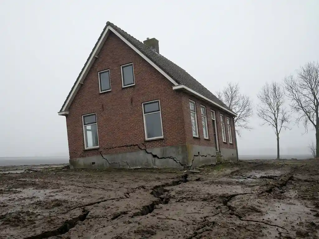 Nederlandse bakstenen woning met zichtbare funderingsscheuren aan de basis op zachte kleigrond met bodemdaling
