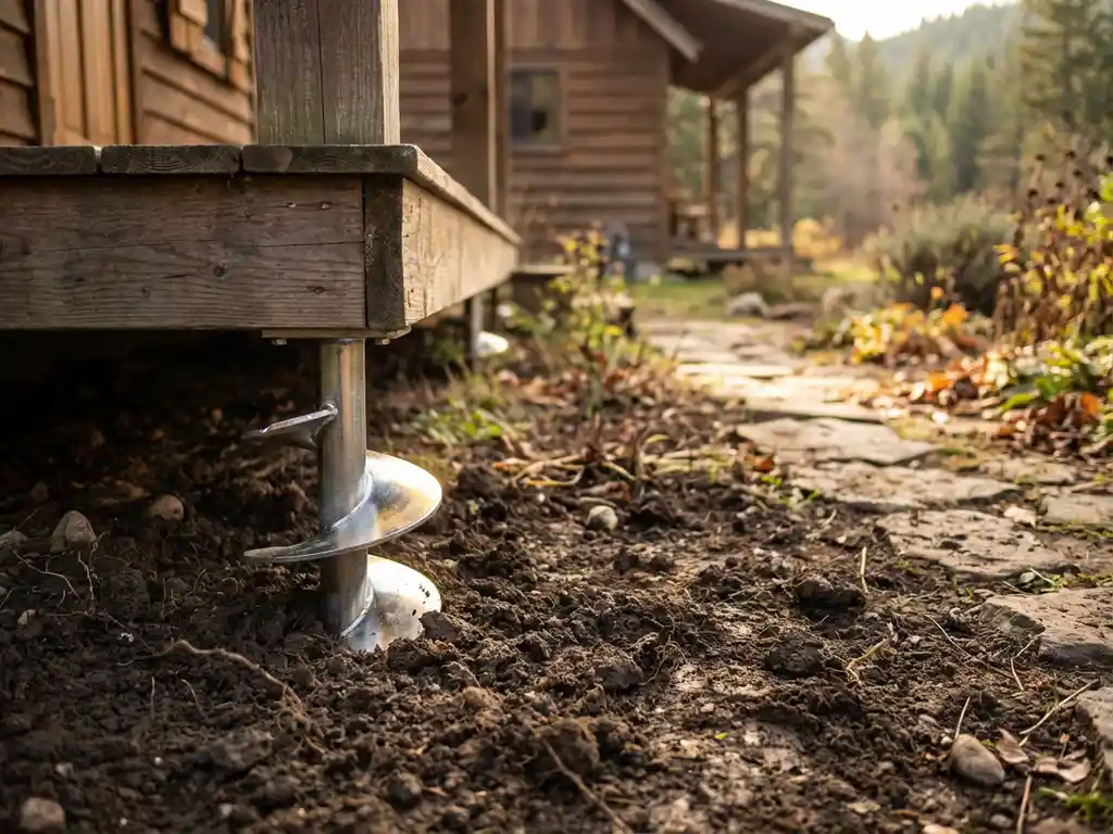 heipalen-schroeffundering-houten-vakantiehuisje-bodem.jpg Stalen schroefpaal met spiraaldraden steekt uit donkere grond onder houten vakantiehuis, gouden zonlicht op metaal