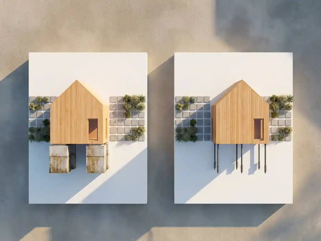 Twee elegante houten huizen op witte funderingen, één met betonnen basis en één met modulaire schroeffunderingspalen