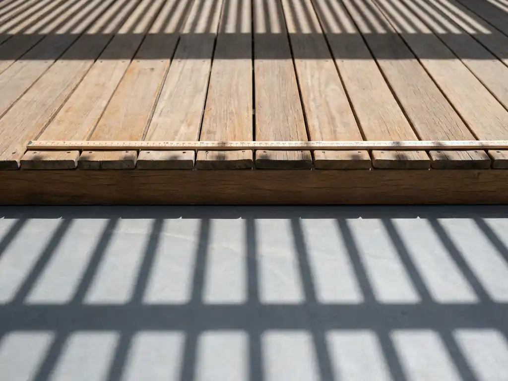 Houten meetlint uitgestrekt over terrasconstructie met pergola die scherpe schaduwen werpt op betonnen vloer