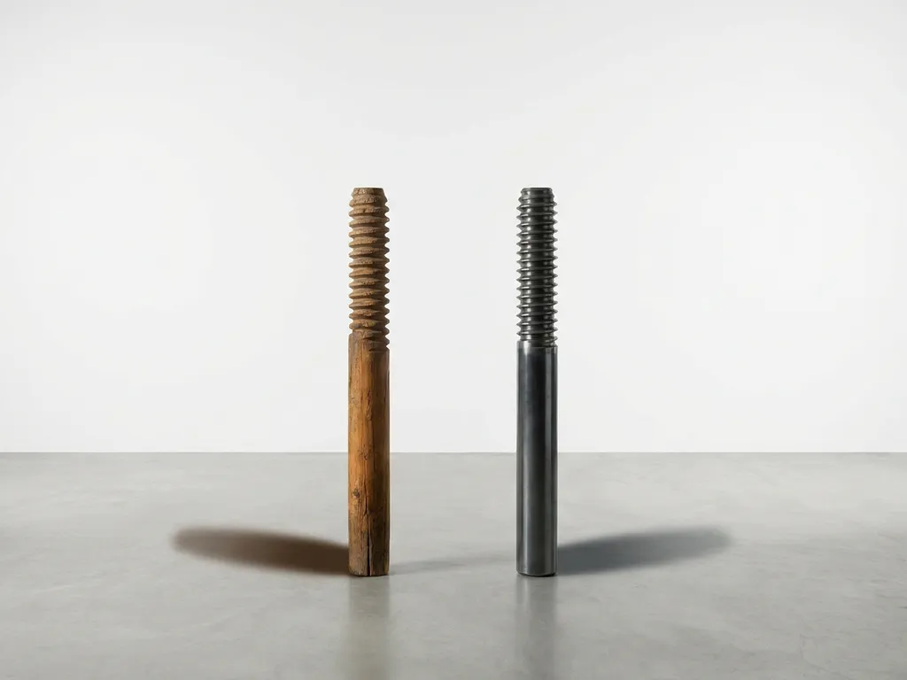 houten-schroefpaal-staal-vergelijking-duurzaam.jpg Houten en stalen schroefpaal naast elkaar op witte betonnen ondergrond, natuurlijke houtnerf tegenover metalen afwerking