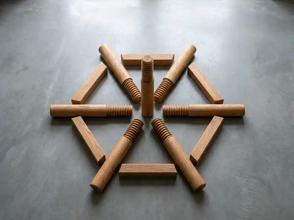 schroefpalen-hout-beton-geometrisch-patroon.jpg Houten schroefpalen in geometrische formatie op betonnen ondergrond, één rechtop met spiraaldetail zichtbaar