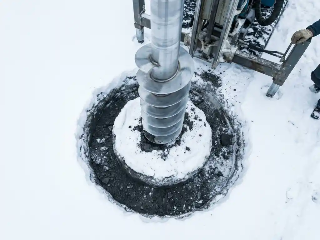 krinner-schroeffundering-installatie-bevroren-grond.jpg Krinner schroeffundatie wordt geïnstalleerd in bevroren grond bedekt met sneeuw, spiraalvormige stalen schacht zichtbaar