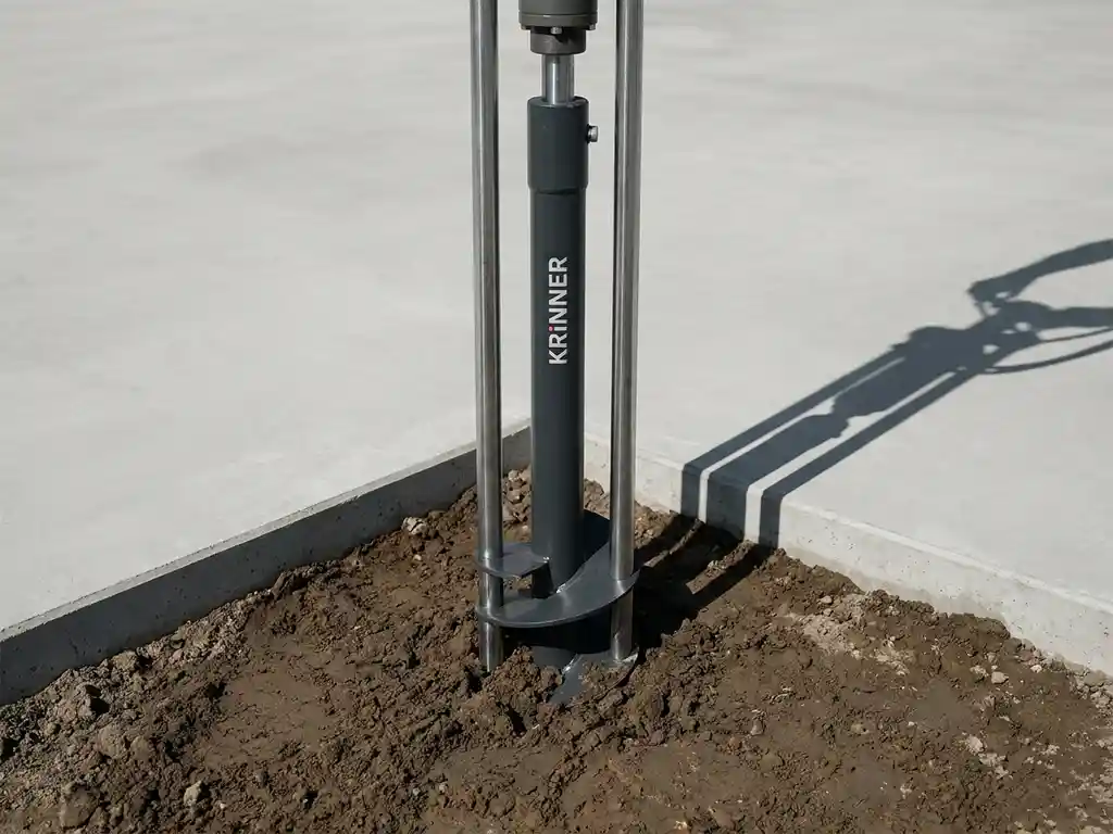 krinner-schroefpaal-installatie-fundering-gereedschap.jpg Krinner schroefpaal wordt met metalen gereedschap in bruine aarde gedraaid, stalen spiraalfundering in perfecte verticale uitlijning