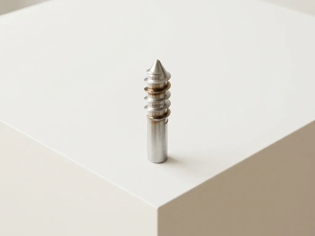krinner-schroefpaal-staal-gepolijst-minimalistisch.jpg Gepolijste stalen Krinner schroefpaal met spiraalvormige schroefdraad op witte ondergrond, minimalistisch bovenaanzicht