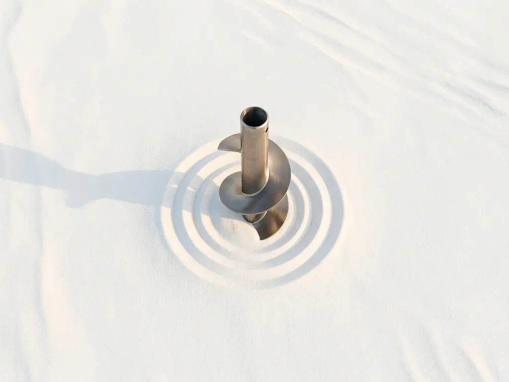 schroefpaal-staal-zand-installatie-fundering.jpg Krinner schroefpaal van staal met spiraalvormige schroefdraad in wit zand, bovenaanzicht met geometrische schaduwen