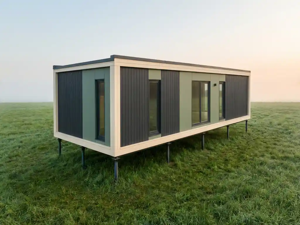 Moderne recreatiehut op stalen schroeffunderingen boven ongerept gras, minimalistische architectuur tegen zachte hemel