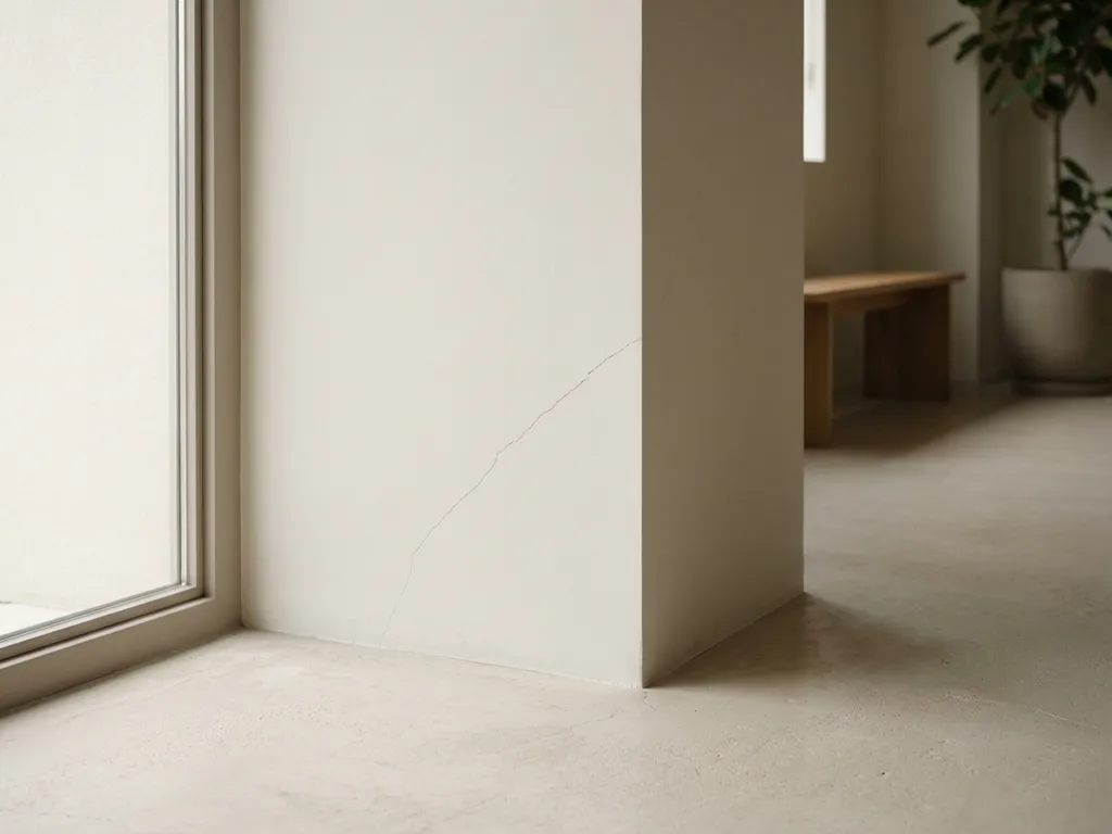 Dunne scheur loopt diagonaal door witte muurhoek in moderne ruimte met betonnen vloer en natuurlijk licht
