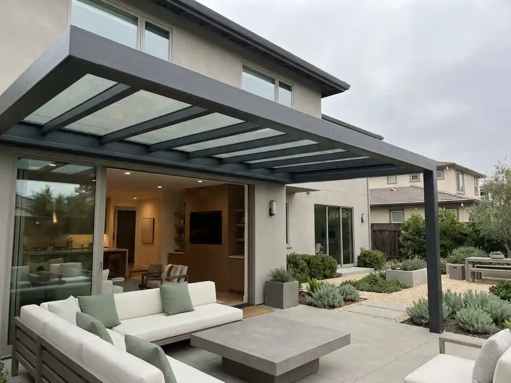 Moderne woning met elegante glazen en stalen patio-overkapping, eigentijdse buitenmeubels en verzorgde tuin in gedempte kleuren