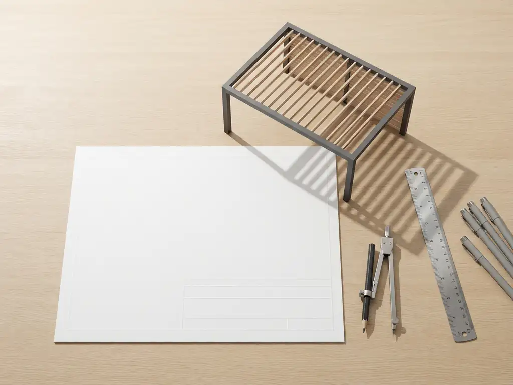 Bouwvergunning document naast schaalmodel van moderne pergola op houten bureau met tekengereedschap in natuurlijk licht