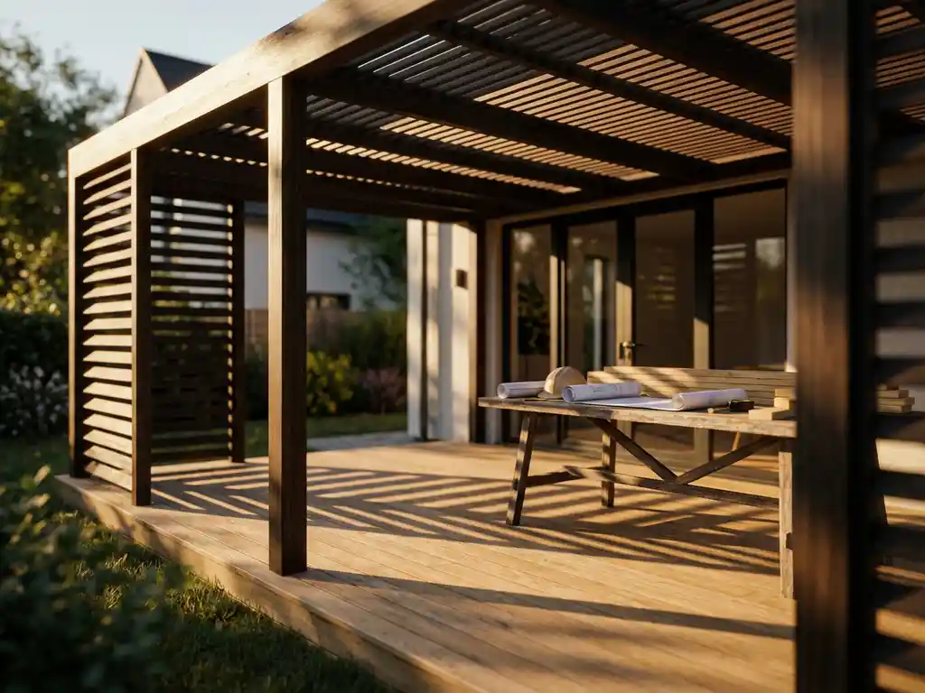 Houten pergola op terras werpt geometrische schaduwen op eiken vlonderplanken, bouwmaterialen en blauwdrukken op werkbank