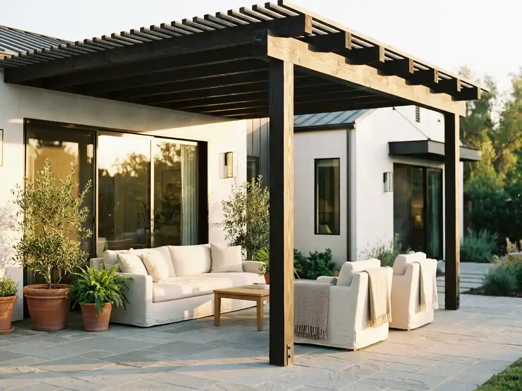 Moderne woning met houten pergola over stenen terras, comfortabele zithoek en plantenpotten in gouden avondlicht