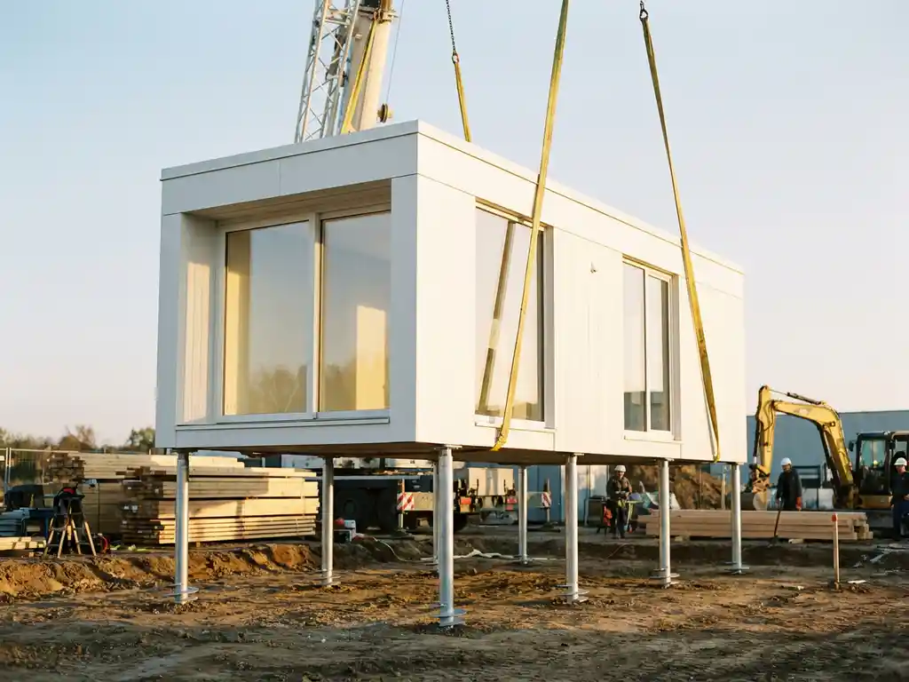 Witte prefab huismodule wordt door bouwkraan op stalen schroeffunderingen geplaatst in gouden middaglicht