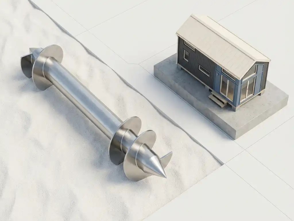 Stalen schroeffundatiepaal met spiraalvormige draden in wit zand naast modern tiny house model, minimalistisch ontwerp