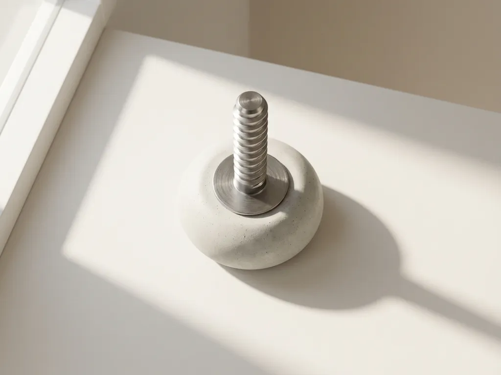 Stalen schroeffundatie anker met spiraalvormige schroefdraad op betonnen ondergrond, bovenaanzicht met geometrische schaduwen