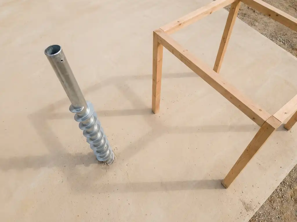 Stalen schroeffundatie paal in beton naast houten pergola frame, bovenaanzicht met zachte schaduwen