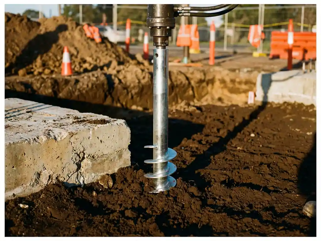 schroeffundering-stalen-paal-betonblok-bouwplaats.jpg Stalen schroeffundatie wordt in bruine aarde gedraaid naast betonnen funderingsblok op bouwplaats