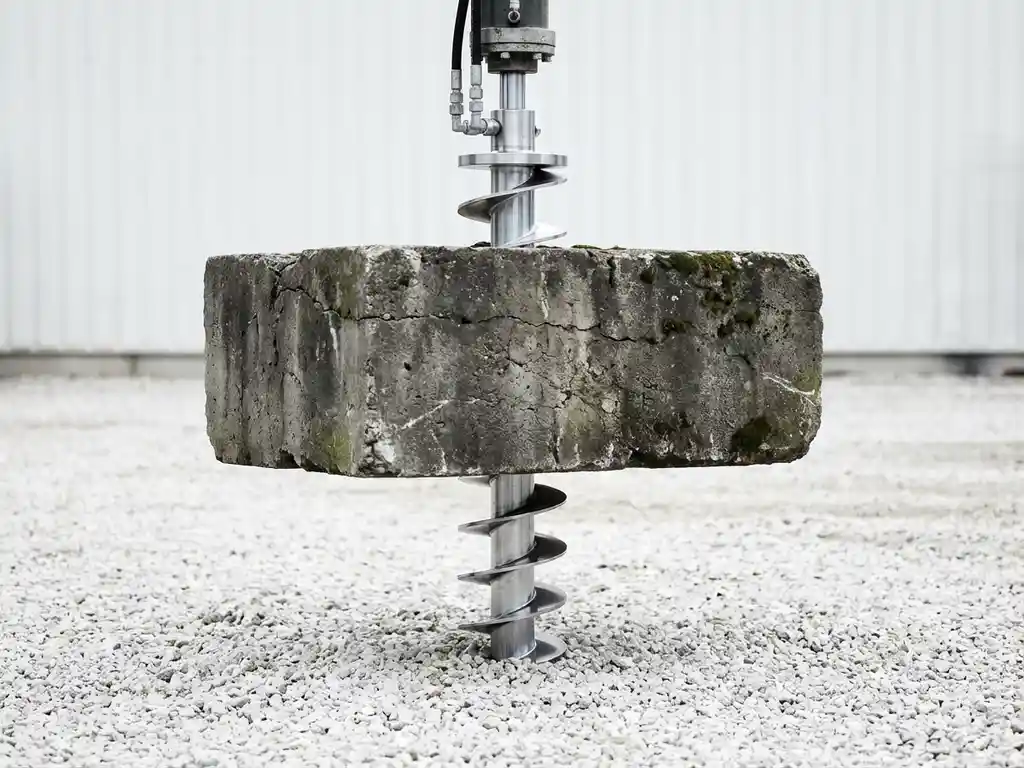 Betonnen funderingsblok wordt opgetild door stalen schroeffundering op wit grind in bouwplaats