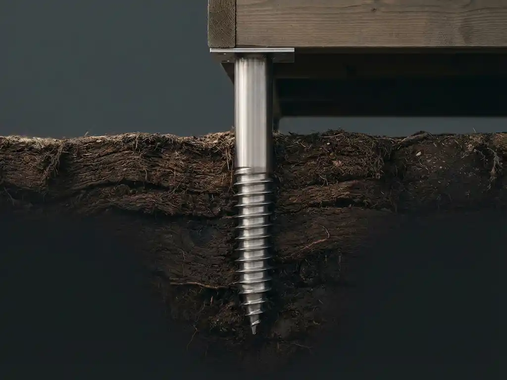 Stalen schroeffundering gedraaid in donkere veengrond, dwarsdoorsnede toont metalen spiraalvorm in gelaagde aarde