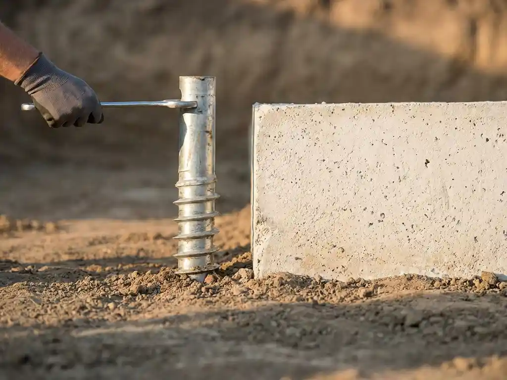 Gegalvaniseerde stalen schroeffundatie met spiraaldraden wordt geïnstalleerd naast betonnen fundering in aardedoorsnede