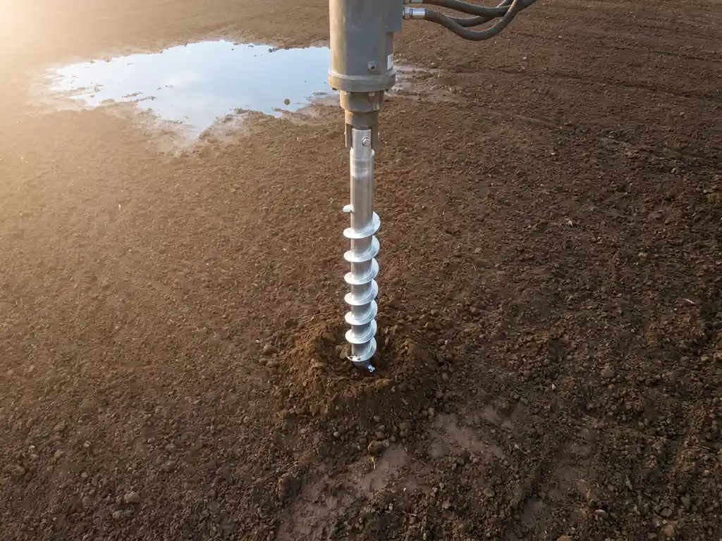 schroefpaal-installatie-stalen-fundering-grondwerk.jpg Stalen schroeffundering wordt geïnstalleerd in bruine aarde door gespecialiseerde boormachine, bovenaanzicht met perfecte uitlijning