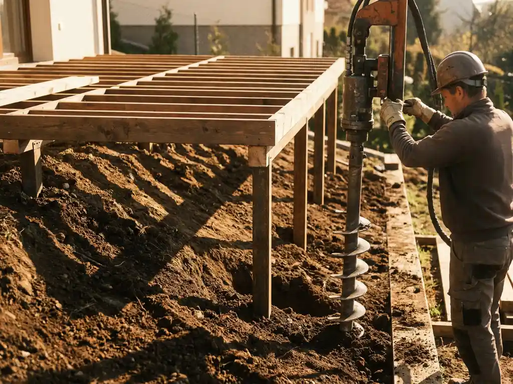 Stalen schroeffundering wordt geïnstalleerd in hellende tuinterras met houten terrasframe in aanbouw