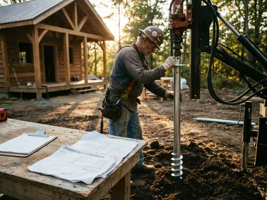 Stalen schroeffundering wordt geïnstalleerd naast houten recreatiehut door bouwvakker met booruitrusting