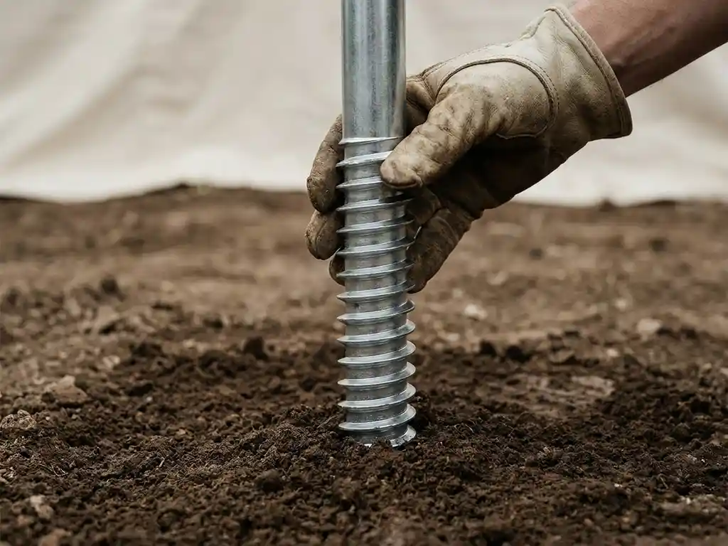 Werkhandschoenen geleiden precisie stalen schroeffundatie in bruine aarde, helicale metalen schacht vangt natuurlijk licht