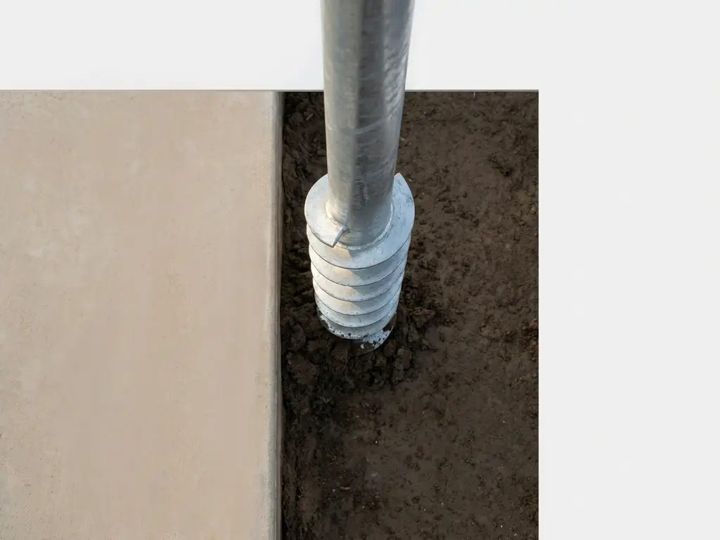 Gegalvaniseerde stalen schroeffundatie wordt geïnstalleerd in aarde naast betonnen terraspad, bovenaanzicht