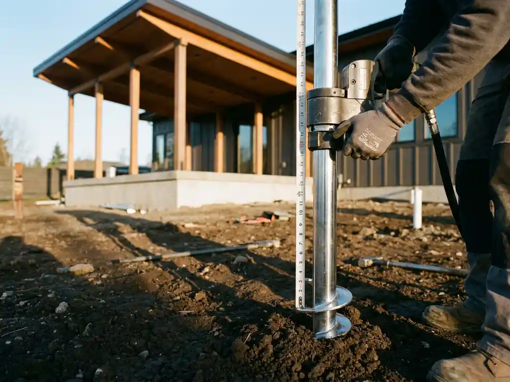 Stalen schroeffundering wordt geïnstalleerd in bruine grond naast moderne patio-overkapping door bouwvakker