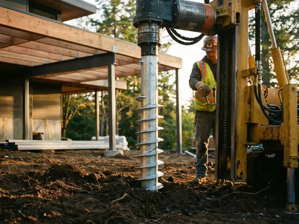 schroeffundering-installatie-terras-constructie-grondwerk.jpg Stalen schroeffundering wordt geïnstalleerd in bruine aarde onder moderne terrasoverkapping met bouwvakker op achtergrond