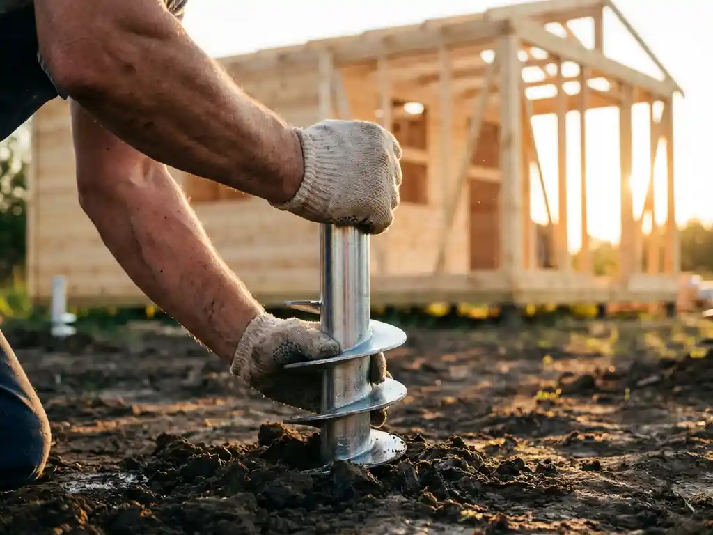 schroefpaal-fundatie-installatie-tuinhuis-bouw.jpg Stalen schroeffundatie wordt handmatig geïnstalleerd in bruine grond naast houten zomerhuisframe in bouwfase