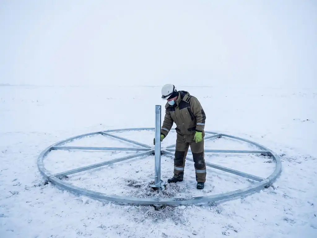 Stalen schroeffundering wordt geïnstalleerd in bevroren grond door arbeider in winterkleding, geometrische lijnen tegen witte sneeuw
