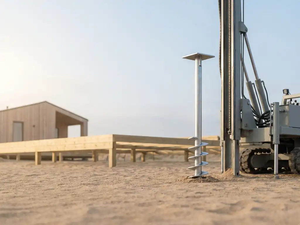 Stalen schroeffundering wordt geïnstalleerd in zandgrond met compacte boormachine, houten dekframe van vakantiehuis op achtergrond