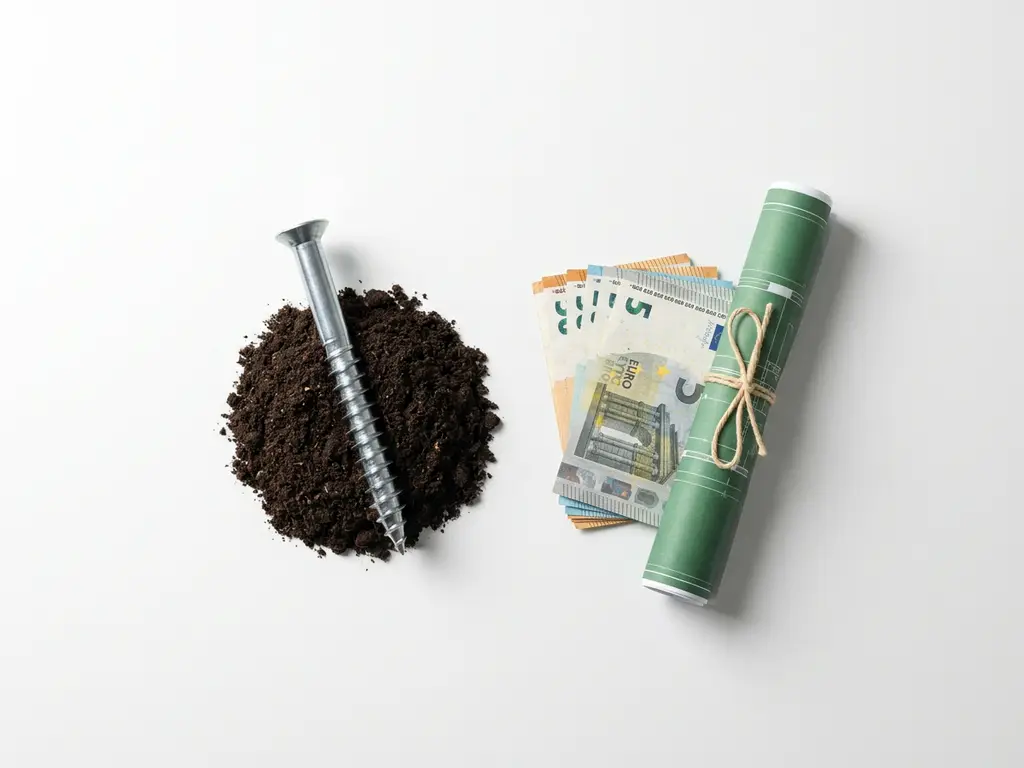 schroefpaal-kosten-financiering-bodem.jpg Stalen schroeffundering naast stapel eurobiljetten en opgerolde groene documenten op witte achtergrond