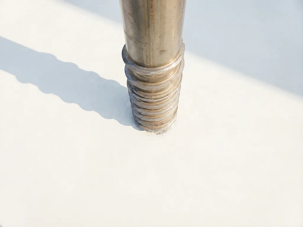 schroeffundering-staal-beton-constructie-geometrisch.jpg Stalen schroeffundering met spiraalvormige draden op wit betonoppervlak, bovenaanzicht met geometrische schaduwen
