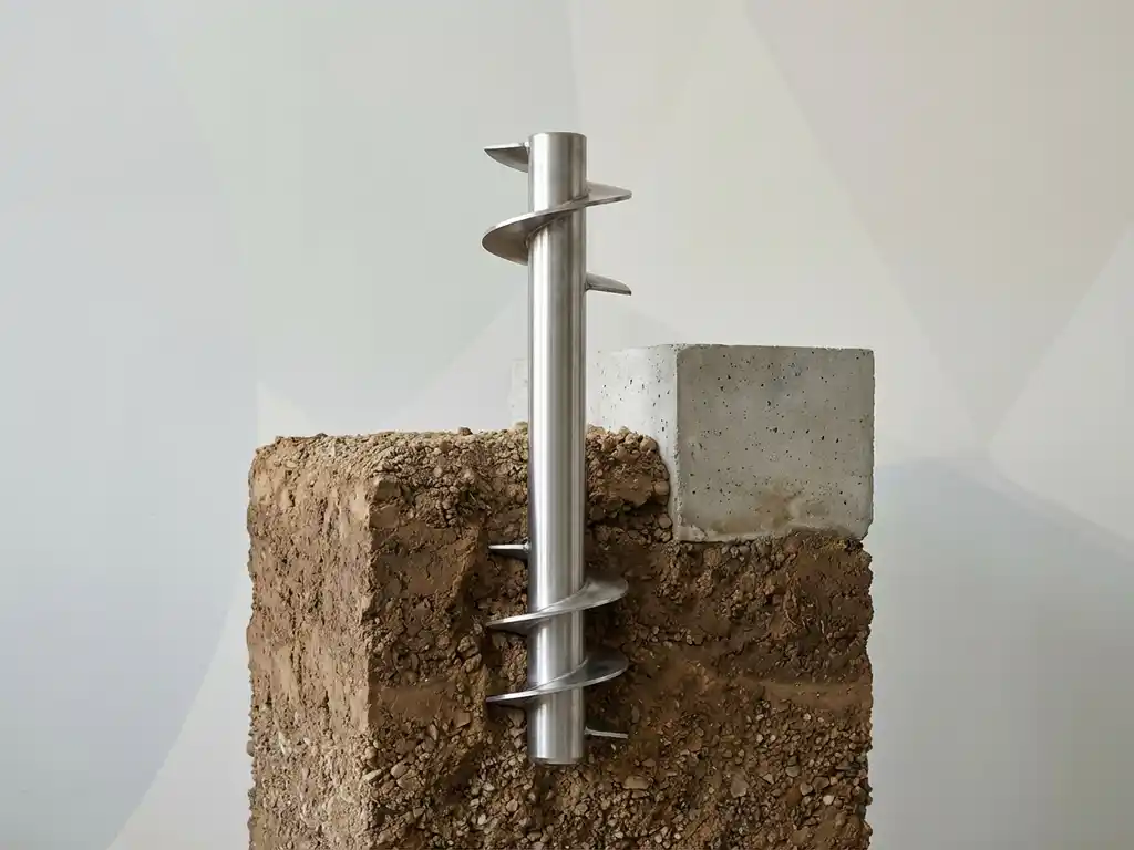Stalen schroefpaal met spiraalschroefdraad naast betonnen funderingsblok in dwarsdoorsnede van aarde