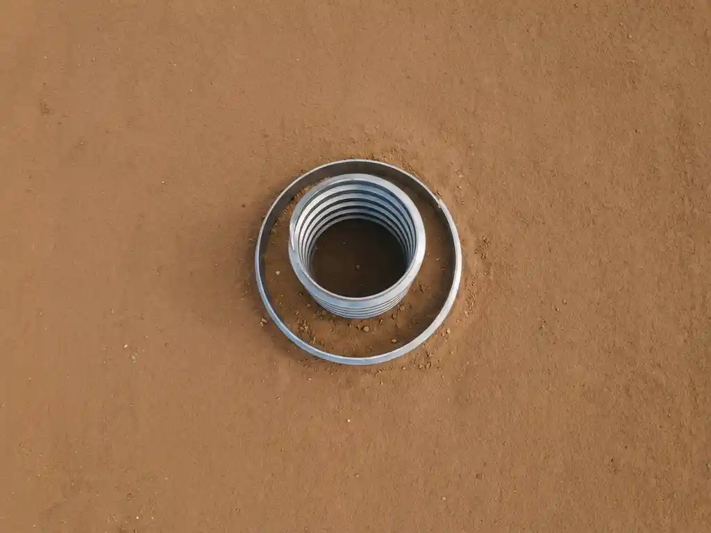 Stalen schroeffundatie met spiraaldraden in ongerepte aarde, bovenaanzicht met minimalistische compositie