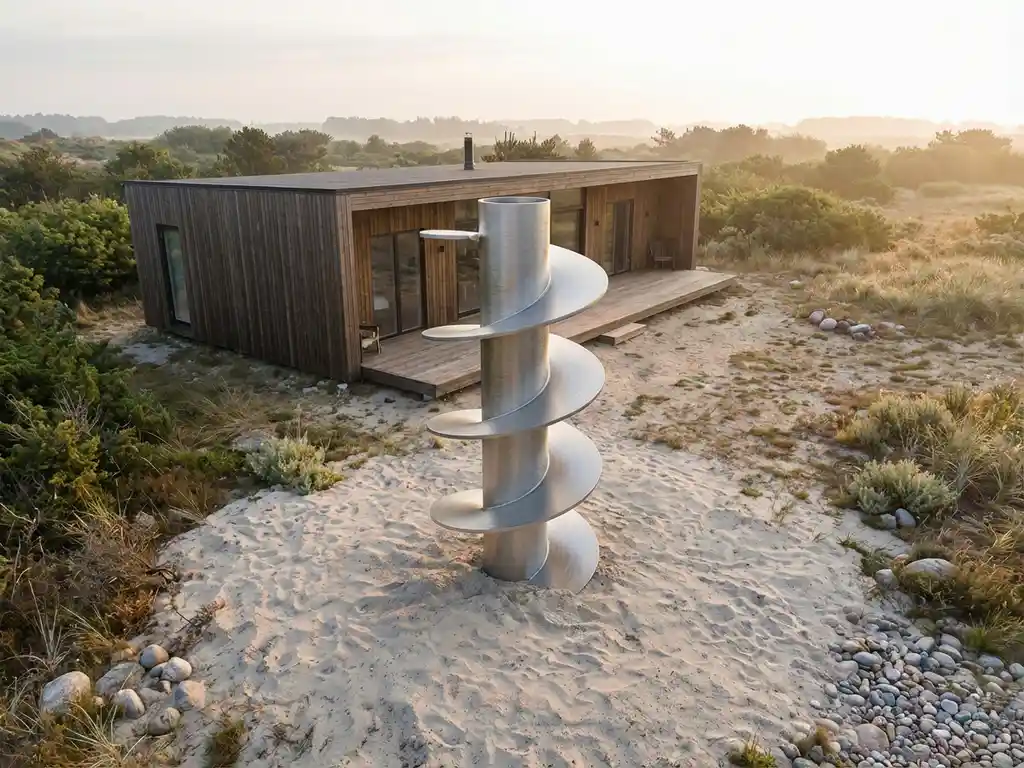 Stalen schroeffundering naast moderne minimalistische houten vakantiecabin in natuurlijke zandgrond