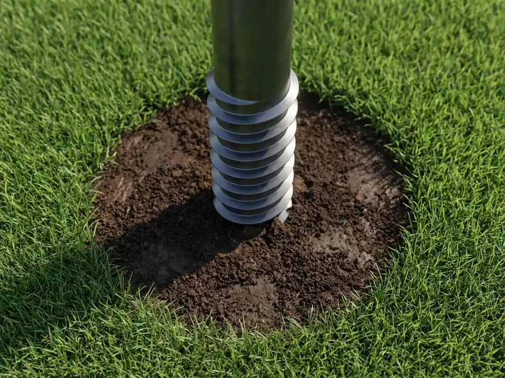 Stalen schroeffundering in bruine aarde met geometrische spiraaldraden, bovenaanzicht in minimalistische tuinomgeving