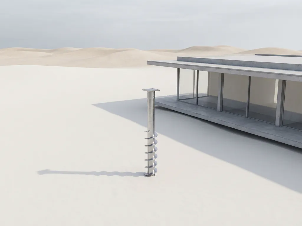 Stalen schroeffundatie pier in wit zand naast modern glazen vakantiehuis met spiraalvormige metalen schacht